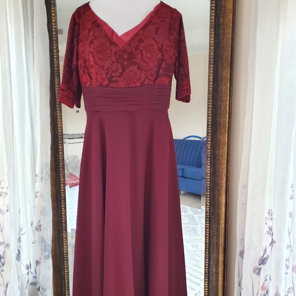 Burgundy Maxi Gown with Lace and 3/4 Sleeves